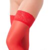 HOLD-UP STOCKINGS - Red, see-through, thigh high, hold-up stockings with lace trim.