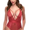 STRAPPY TEDDY WITH DEEP V - Deep V-cut front with sheer and lace front and satin band.