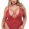 STRAPPY TEDDY WITH DEEP V, Q - Deep V-cut front with sheer and lace front and satin band.