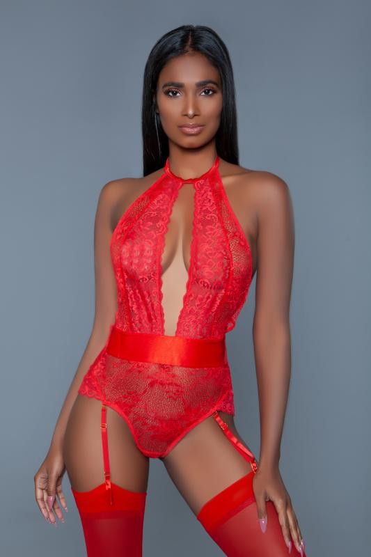 OPHELIA LACE GARTER BODYSUIT RED L -