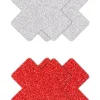 PRETTY PASTIES GLITTER CROSS RED SILVER 2 PAIR