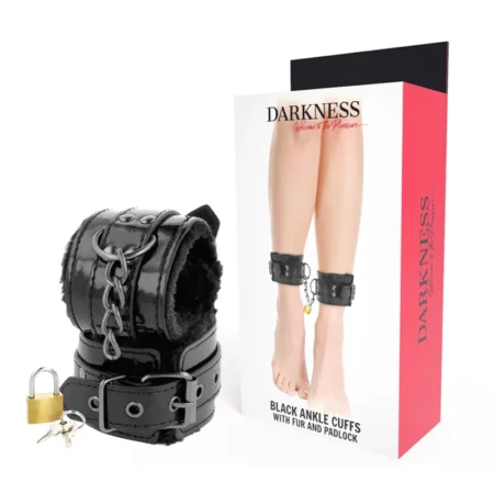 Ποδοπέδες DARKNESS - BLACK ADJUSTABLE LEATHER ANKLE CUFFS WITH PADLOCK