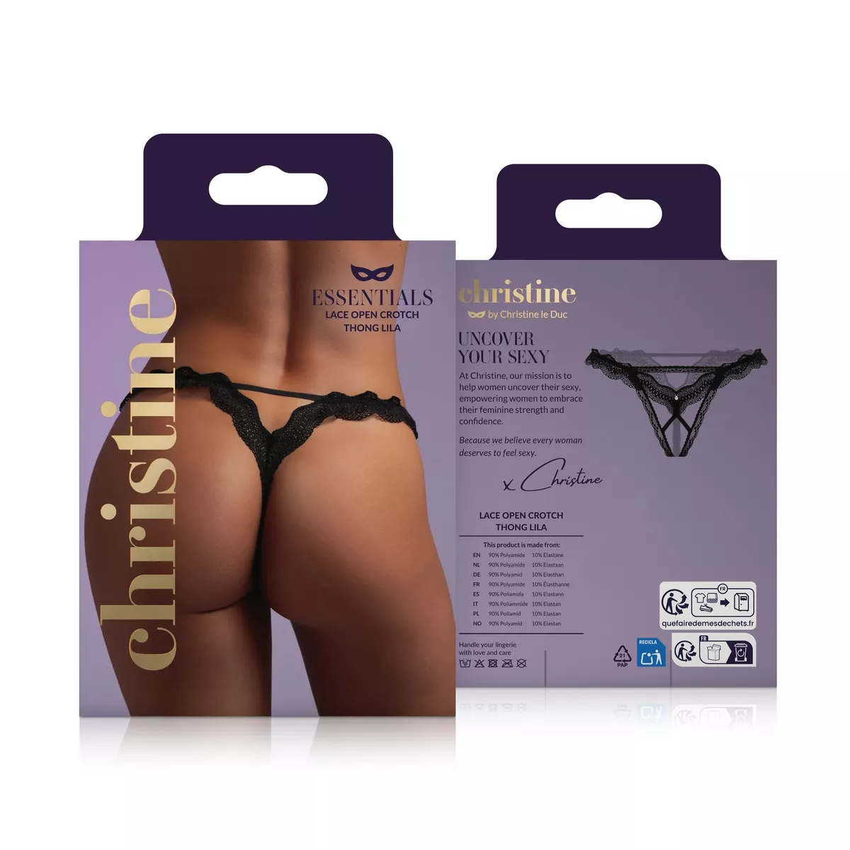 Στρινγκ με ανοιχτό καβάλο Christine - Lace Open Crotch Thong Lila - Black